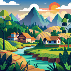 Farm, agriculture rural landscape, village house. Vector horizontal illustration, flat style (45)