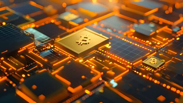 Close up Bitcoin mining crypto hardware, Cryptocurrency miner circuit tech digital gold glowing futuristic concept