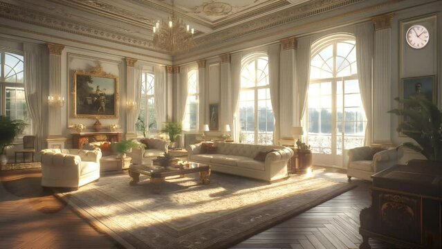 Modern Interior Design: Stylish Living Room with Panoramic Window. Seamless looping 4k timelapse virtual video animation background generated AI