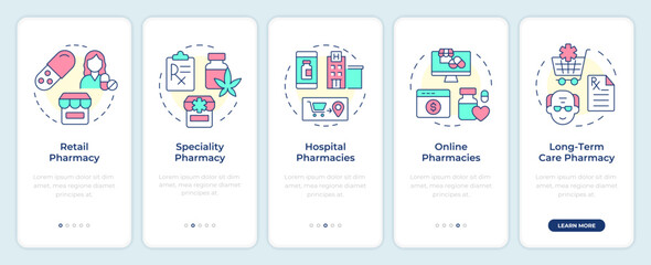 Pharmacies types onboarding mobile app screen. Walkthrough 5 steps editable graphic instructions with linear concepts. UI, UX, GUI template. Montserrat SemiBold, Regular fonts used