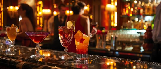 Capture the essence of a vibrant cocktail bar scene with a wide-angle view, showcasing colorful mixology creations, reflecting light on crystal glasses, surrounded by elegant patrons in a sophisticate - obrazy, fototapety, plakaty