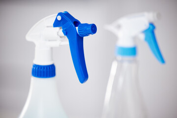 Spray, bottle and product for cleaning closeup in home or detergent in container for janitor...