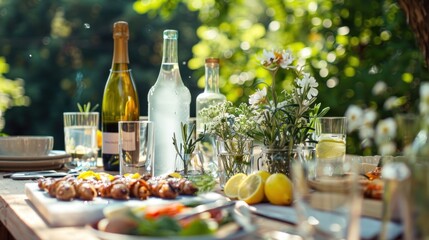 At a summer garden party, a table is set with grilled food, glasses, lemonade, delicate floral and paper decorations, and bottles of summer wine.