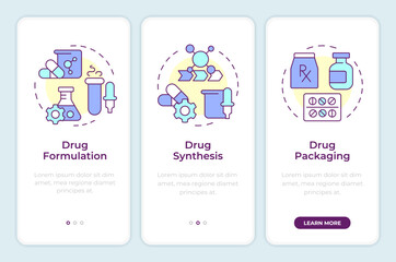Drug manufacturing onboarding mobile app screen. Walkthrough 3 steps editable graphic instructions with linear concepts. UI, UX, GUI template. Montserrat SemiBold, Regular fonts used