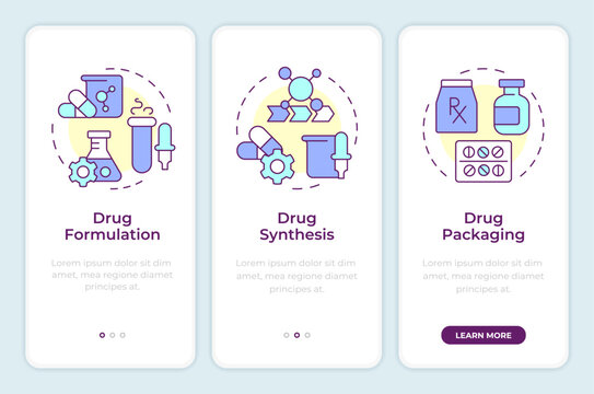 Drug manufacturing onboarding mobile app screen. Walkthrough 3 steps editable graphic instructions with linear concepts. UI, UX, GUI template. Montserrat SemiBold, Regular fonts used