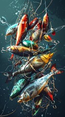 Capture the essence of fishing gear through a dynamic, tilted angle view Showcase a vivid mix of weathered nets, shiny hooks, and colorful lures in a realistic digital illustration - obrazy, fototapety, plakaty