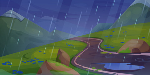 Fototapeta premium Rainy mountain road scene and water puddle cartoon landscape. Outside storm weather in summer trip with winding path perspective view. Empty panorama with wet hill way in evening banner design