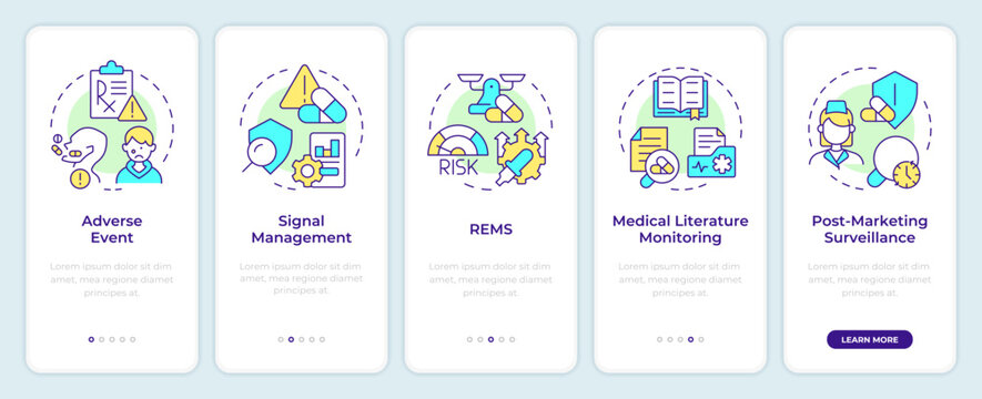 Pharmacovigilance activities onboarding mobile app screen. Walkthrough 5 steps editable graphic instructions with linear concepts. UI, UX, GUI template. Montserrat SemiBold, Regular fonts used