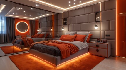 Luxurious hotel bedroom with comfortable bed contemporary furniture And the décor is lavish, with decorative lights on the bottom edge of the bed and an orange carpet on the floor.Generative AI illust