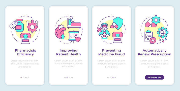 Pharmacy management system benefits onboarding mobile app screen. Walkthrough 4 steps editable graphic instructions with linear concepts. UI, UX, GUI template. Montserrat SemiBold, Regular fonts used