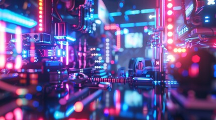Defocused image of a futuristic virtual reality lab filled with shiny hightech equipment and neon lights. The blurred background creates a sense of depth and immersiveness drawing .