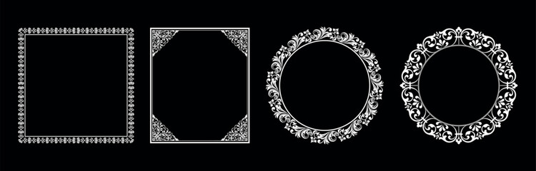Set of decorative frames Elegant vector element for design in Eastern style, place for text. Floral black and white borders. Lace illustration for invitations and greeting cards. - 792468795