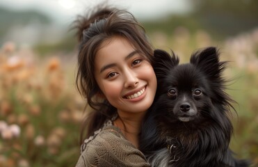 Joyful Asian lady relaxes on grass with adorable Pomeranian, radiating happiness and beauty effortlessly