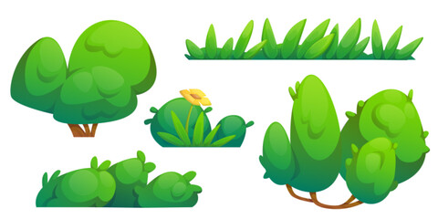 Green bush and grass border cartoon illustration. Garden tree plant icon set. Simple comic foliage fence with flower for game. Botany graphic asset for landscape or outdoor park hedge summer design - obrazy, fototapety, plakaty