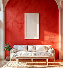 Modern room interior, red walls and minimalist design, with big empty photo frame mockup on red wall and cozy white couch furniture	