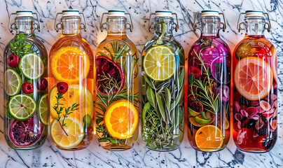 bottles of aromatic water with fruits and vegetables, homemade natural vitamin infused water - obrazy, fototapety, plakaty