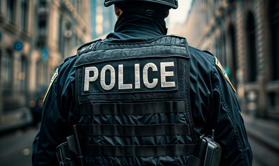 police officer on the street seen from behind with the text "POLICE" on his vest