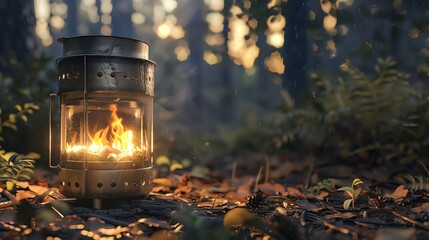 Capture the essence of outdoor cooking with a detailed, photorealistic illustration of a camping stove from a worms-eye view Show the rugged texture of the metal, the glowing flames, and the surroundi