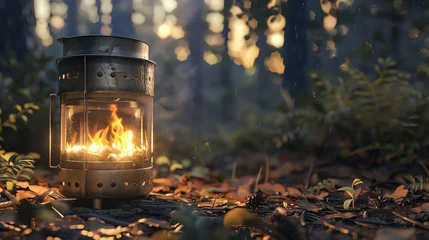 Fotobehang Capture the essence of outdoor cooking with a detailed, photorealistic illustration of a camping stove from a worms-eye view Show the rugged texture of the metal, the glowing flames, and the surroundi © HADAPI