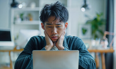 young asian man working on laptop from home, remote worker / digital nomad, looking stressed/ worried, close to burn out 