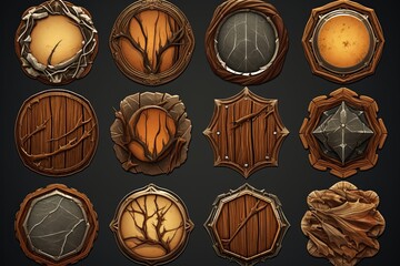 Varnished Birch Badges: Rustic Woodgrain Web Assets Collection - obrazy, fototapety, plakaty