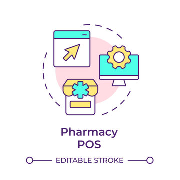 Pharmacy POS multi color concept icon. Pharmaceutical retail, prescription management. Round shape line illustration. Abstract idea. Graphic design. Easy to use in infographic, article