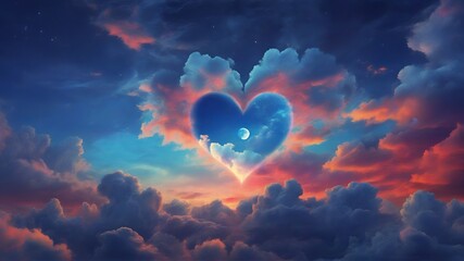 moon heart in the sky. Heart made of clouds in beautiful night sky with evening sunset light
