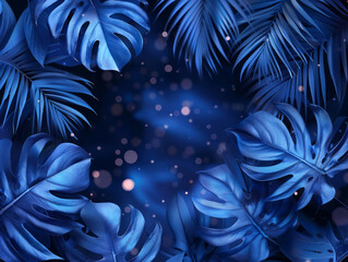 sfondo con foglie tropicali, pianta fogliame in colore blu con spazio per testo , sfondo di giungla blu