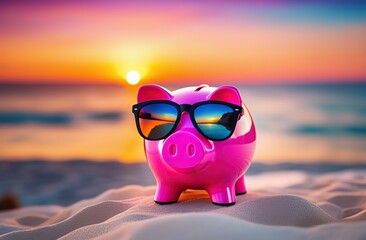 Pink piggy bank in sunglasses against the background of a beautiful sea at sunset. Vacation concept - obrazy, fototapety, plakaty