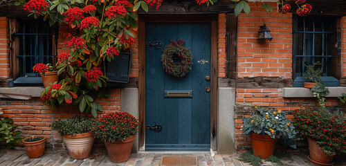  A charming cottage door with a whimsical wreath, adding warmth and personality to the entrance of a countryside home - obrazy, fototapety, plakaty