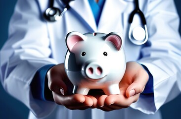 Health care cost. Doctor in surgical gloves holding a white piggy bank and stethoscope  - obrazy, fototapety, plakaty