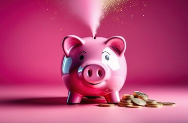 Flying exploding piggy bank on a pink background , concept of Pink pig - obrazy, fototapety, plakaty