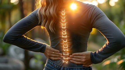 Woman at home with highlighted spine experiencing back pain. Concept Back Pain Relief, Health at Home, Spine Care, Woman's Wellness, Home Remedies