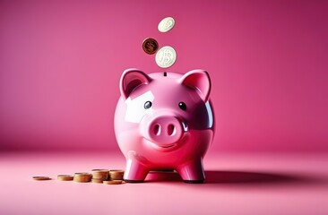 Flying exploding piggy bank on a pink background , concept of Pink pig - obrazy, fototapety, plakaty