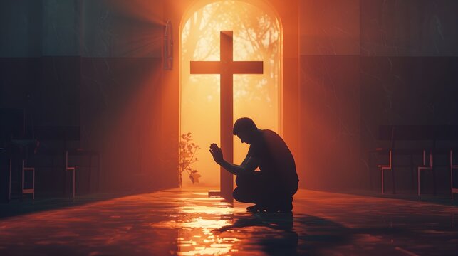 Praying man in front of the cross. Christian concept