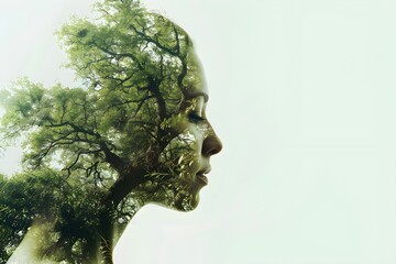 Environmental awareness. Double exposure of woman face and green tree in the forest. Conceptual image