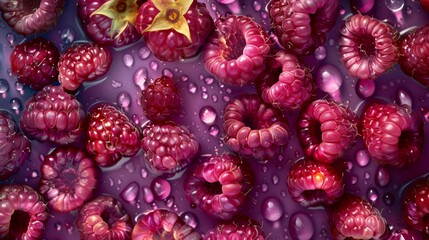 Rain-kissed raspberries arranged in a decorative pattern, their vibrant hues and delicate textures enhanced by the glistening droplets. - obrazy, fototapety, plakaty