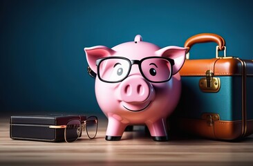 Pig piggy bank with glasses and a suitcase is preparing for vacation - obrazy, fototapety, plakaty