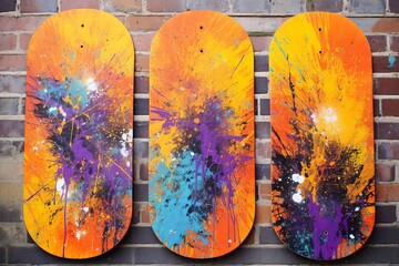 Spray Paint Splatter Skateboard Deck Design: Vibrant Urban Street Art Textures - obrazy, fototapety, plakaty