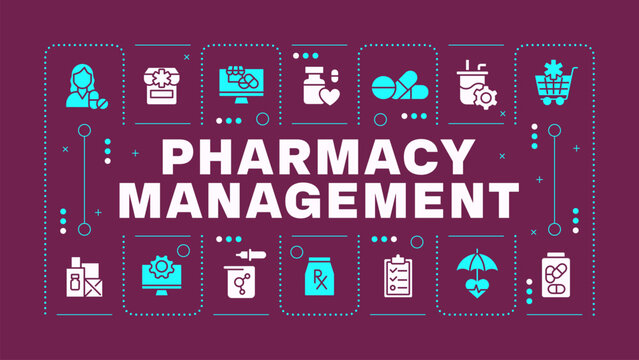 Pharmacy management dark purple word concept. Chemist shop, prescription organization. Pill bottle. Visual communication. Vector art with lettering text, editable glyph icons. Hubot Sans font used