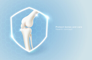 Concept of protecting bones and knee joints or treatment of medical services With shield symbol and leg bone on a blue background. Clinic, specialized hospital, food and vitamins. Vector file.