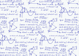 Vintage education background. Mathematical law theory and formula equation on notebook page. Vector hand-drawn seamless pattern.