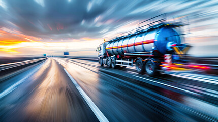 An oil tanker truck navigates a vast highway under a beautiful sky, transporting valuable fuel to various destinations