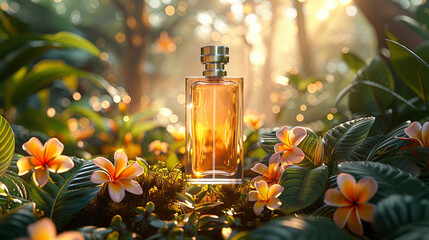 A perfume glass bottle, product shoot in a tropical background, no labels, photo-realistic, product, design - Generative AI. - obrazy, fototapety, plakaty