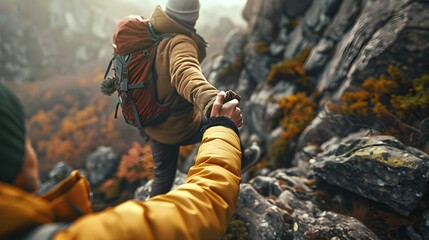 A Hiker helping a friend who is about to fall from the cliff to reach the mountain top, close-up image