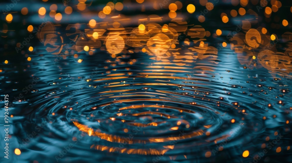Poster raindrops creating ripples in a puddle beneath a sky filled with falling stars
