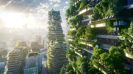 Eco-friendly building in the modern city. Sustainable glass office building with tree for reducing carbon dioxide. Office building with green environment. Corporate building reduce CO