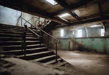 old industrial little stairs building basement abandoned wooden empty light