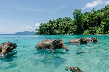 Elephant family in the clear sea on the shore