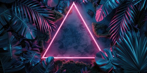 Illuminated by vibrant neon light, a geometric triangle stands out against the backdrop of dense jungle foliage, creating a surreal and captivating scene.